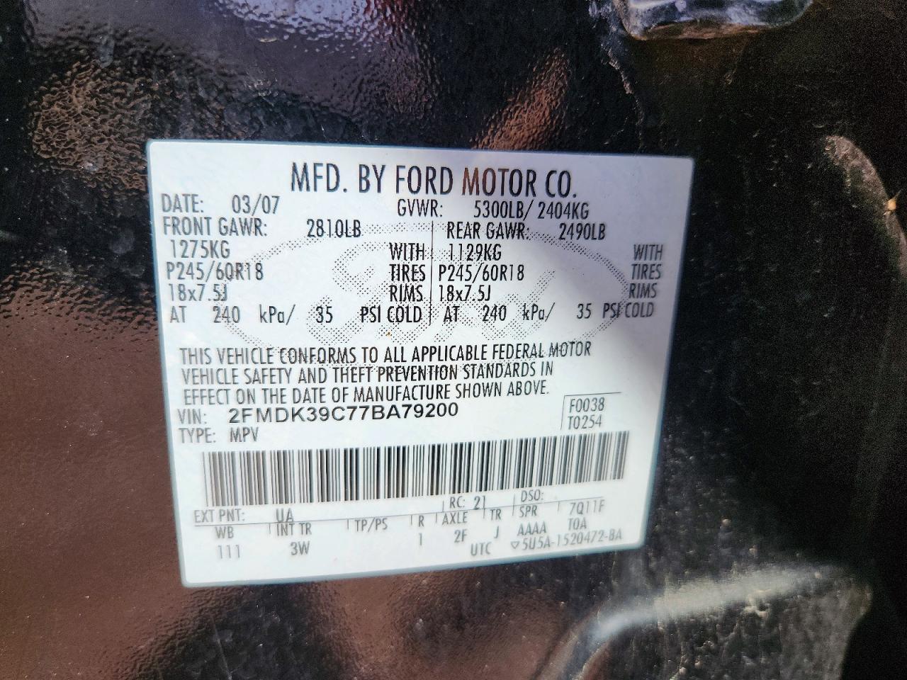 2FMDK39C77BA79200 · 2007 FORD EDGE · 12/12