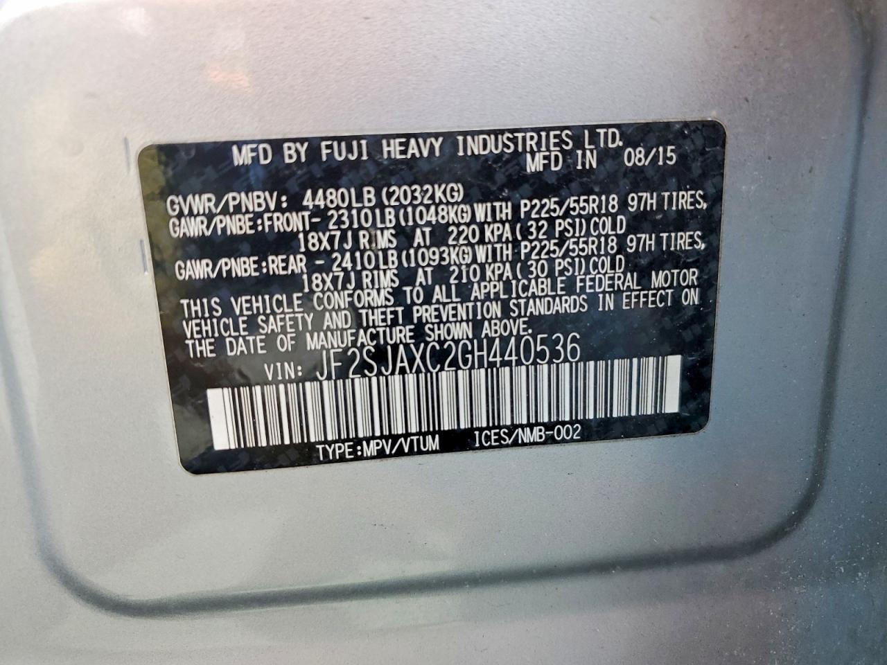 JF2SJAXC2GH440536 · 2016 SUBARU FORESTER · 12/12