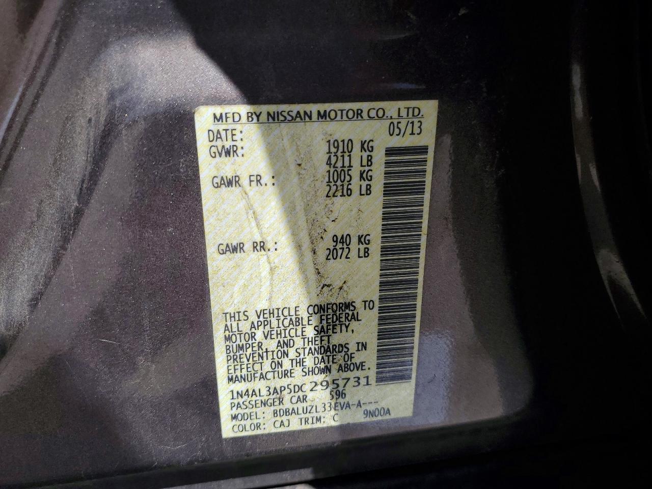 1N4AL3AP5DC295731 · 2013 NISSAN ALTIMA · 12/12