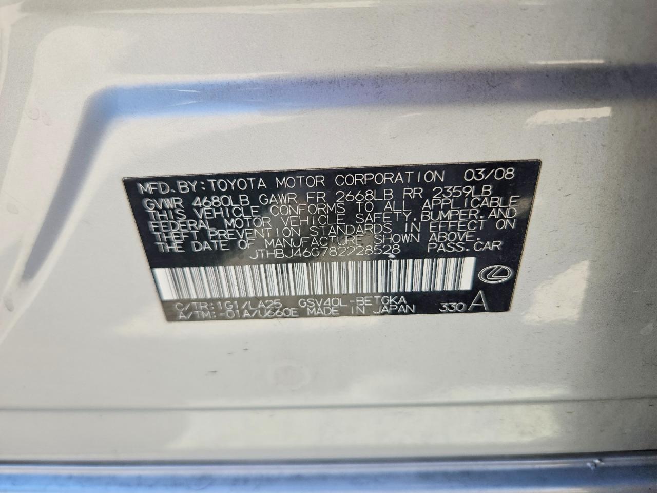 JTHBJ46G782228528 · 2008 LEXUS ES · 12/12