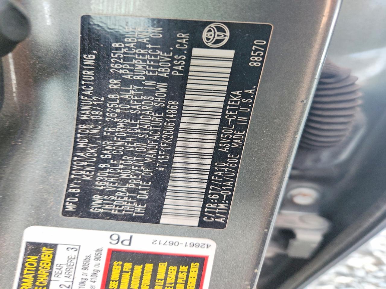 4T1BF1FK2CU614868 · 2012 TOYOTA CAMRY · 12/12