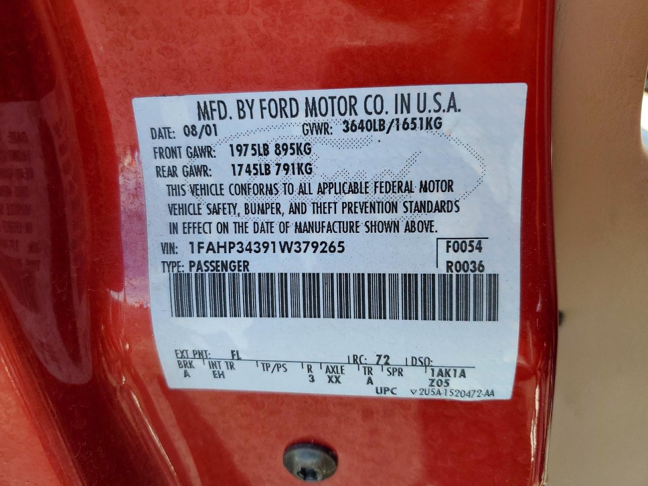 CA4UJV377 · 2001 FORD FOCUS · 12/12