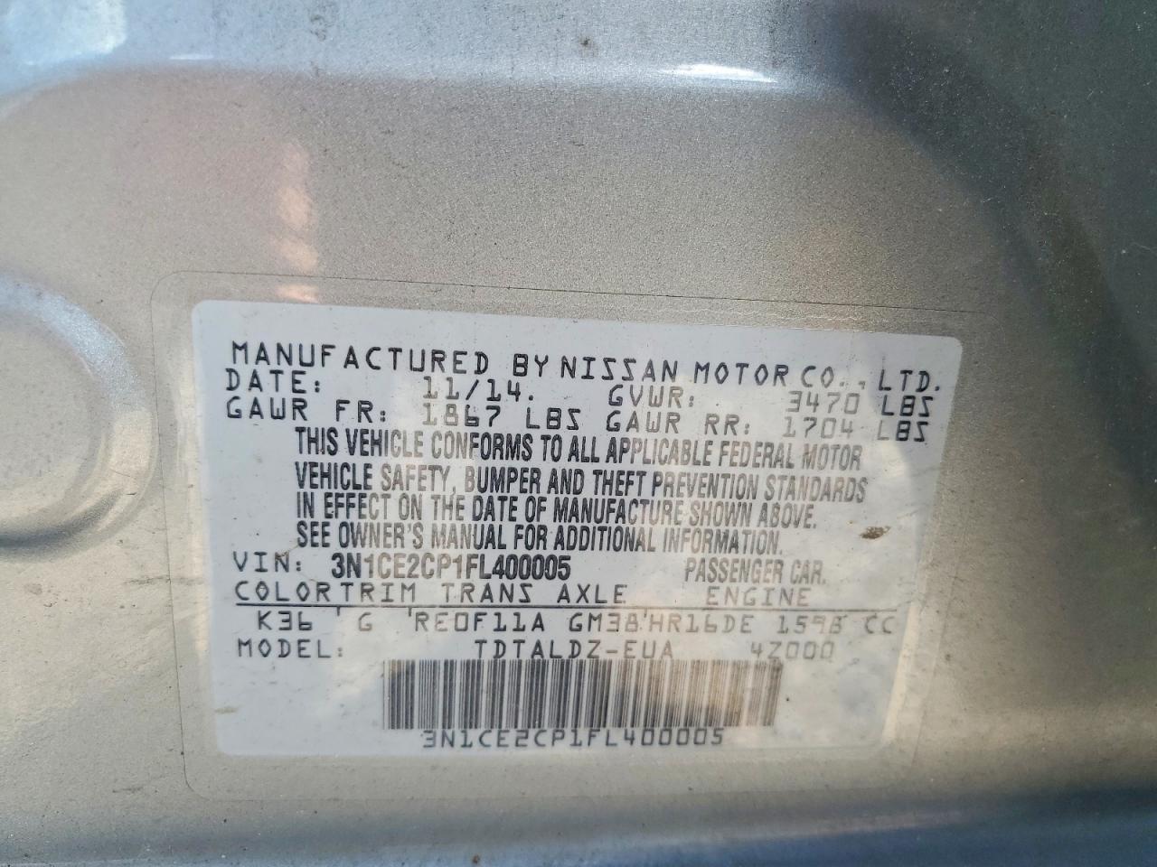 3N1CE2CP1FL400005 · 2015 NISSAN VERSA NOTE · 12/12