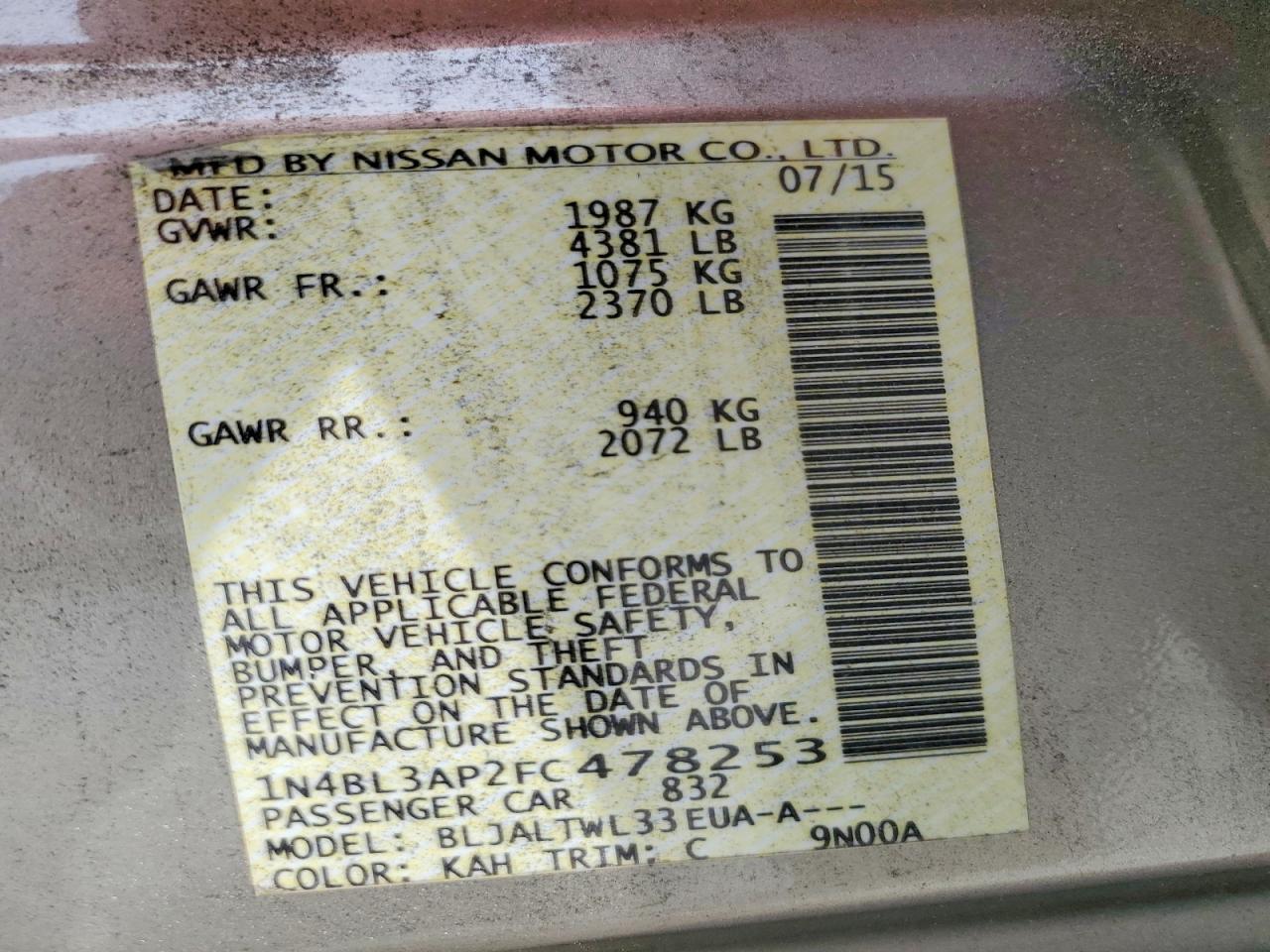 1N4BL3AP2FC478253 · 2015 NISSAN ALTIMA · 12/12