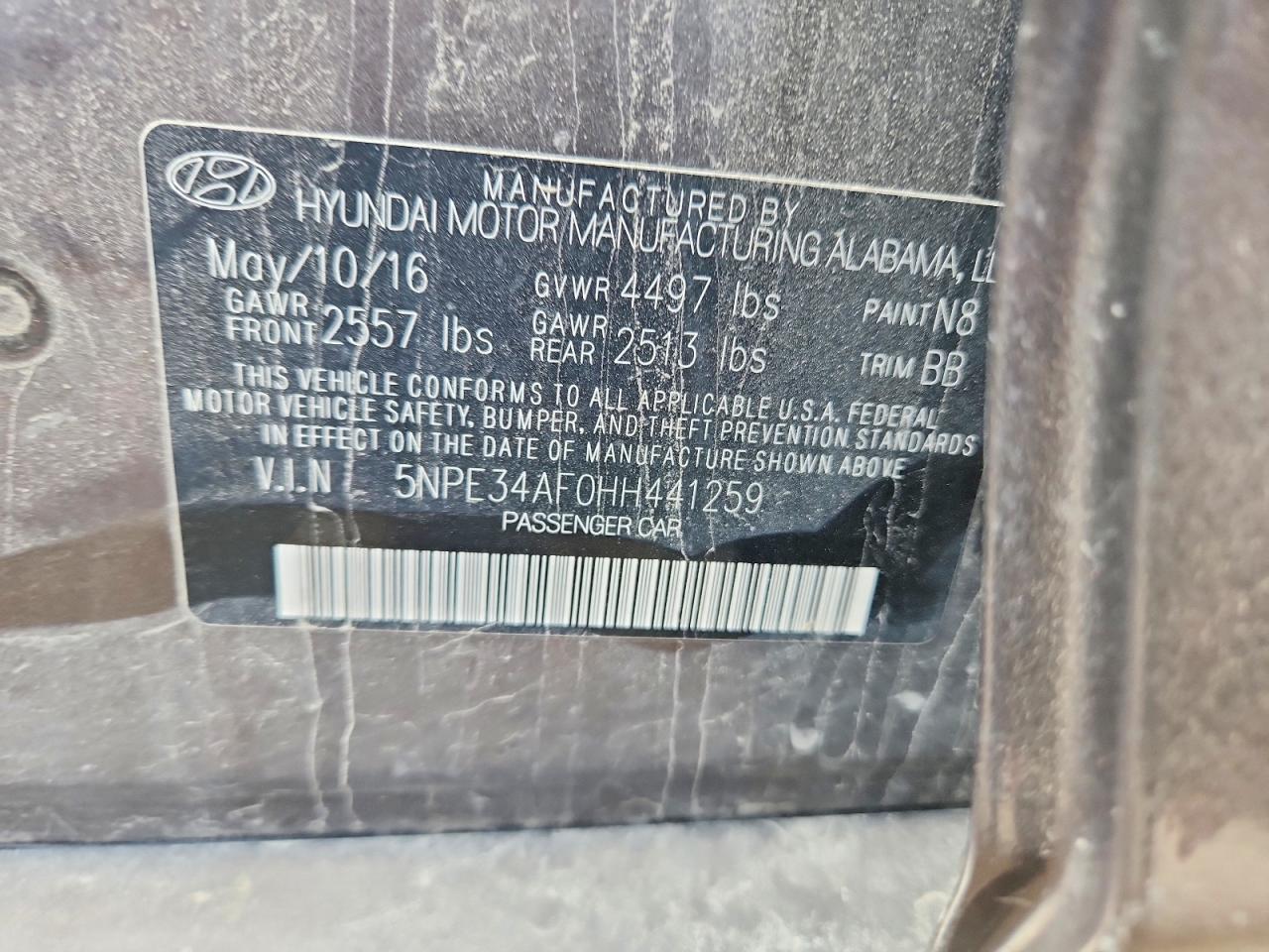 5NPE34AF0HH441259 · 2017 HYUNDAI SONATA · 12/12