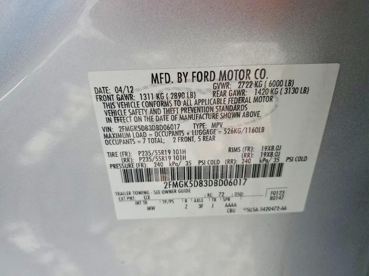 2FMGK5D83DBD06017 · 2013 FORD FLEX · 12/12