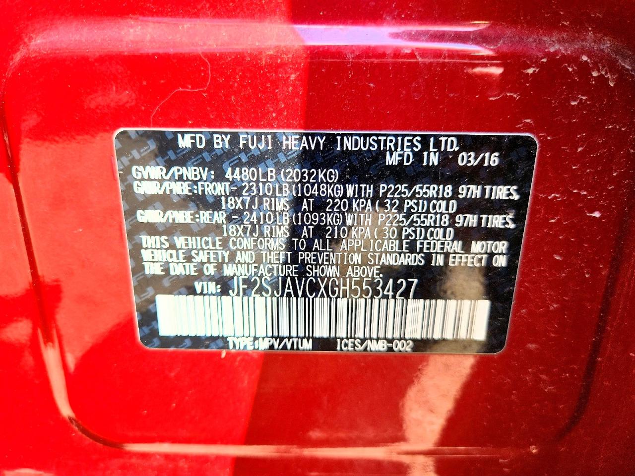 JF2SJAVCXGH553427 · 2016 SUBARU FORESTER · 12/12