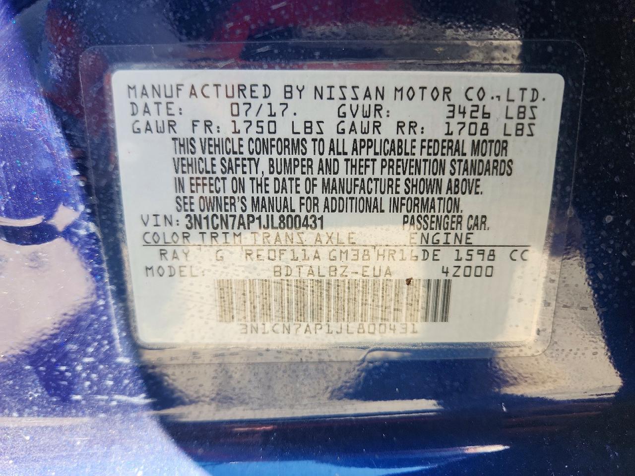 3N1CN7AP1JL800431 · 2018 NISSAN VERSA · 12/12
