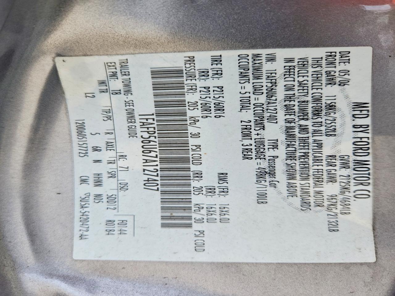 1FAFP56U67A127407 · 2007 FORD TAURUS · 12/12