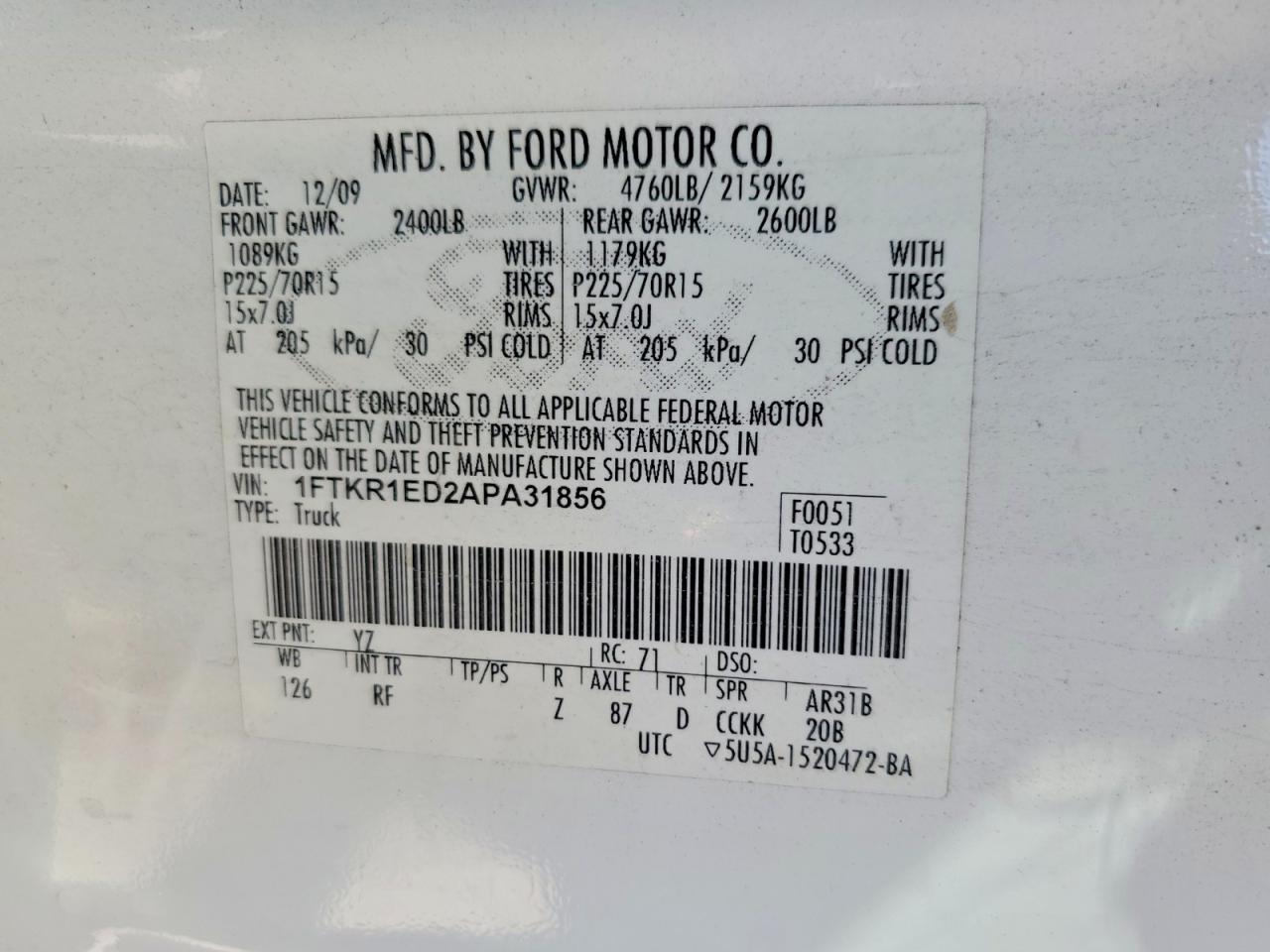 1FTKR1ED2APA31856 · 2010 FORD RANGER · 12/12