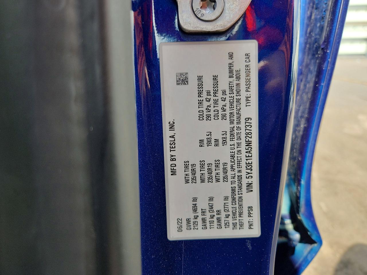 5YJ3E1EA5NF287379 · 2022 TESLA MODEL 3 · 12/12