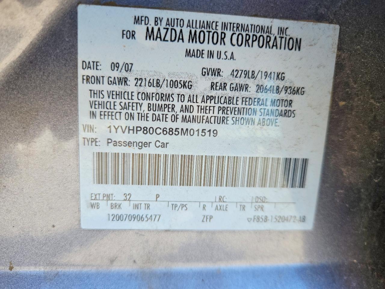 1YVHP80C685M01519 · 2008 MAZDA 6 · 12/12