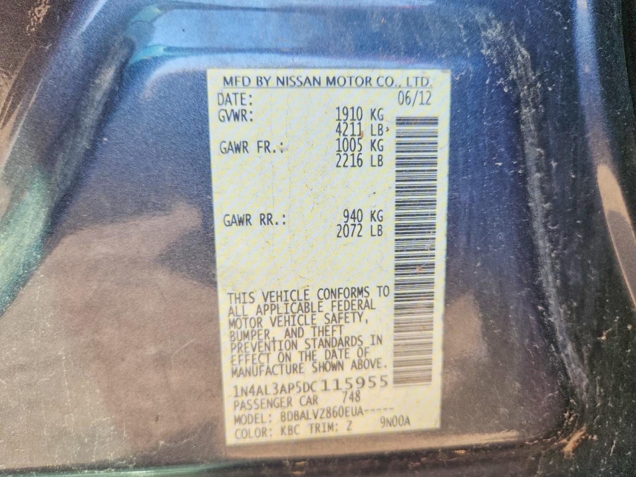1N4AL3AP5DC115955 · 2013 NISSAN ALTIMA · 12/12