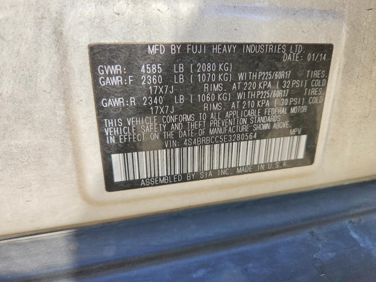 4S4BRBCC5E3280564 · 2014 SUBARU OUTBACK · 12/12