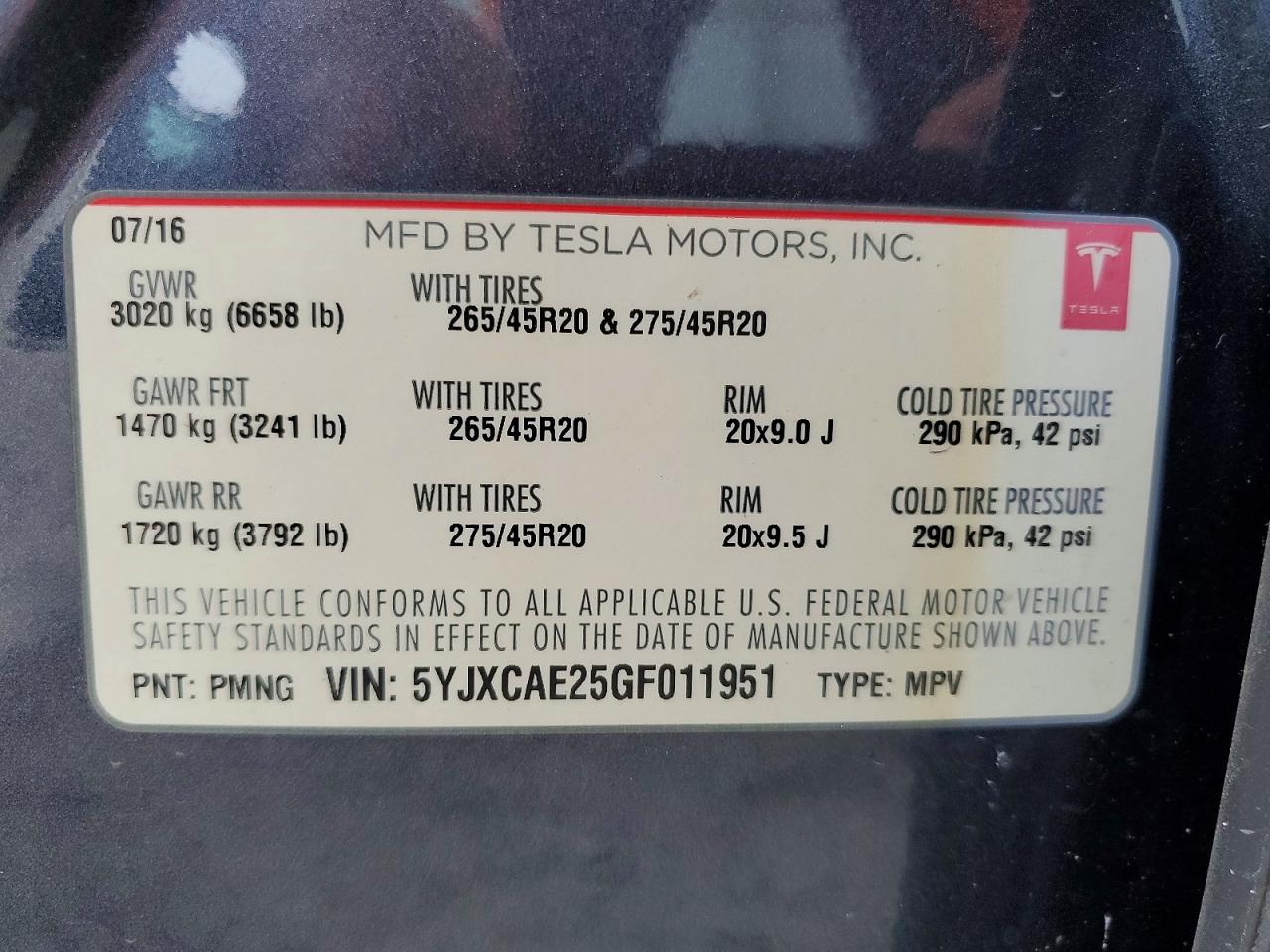 5YJXCAE25GF011951 · 2016 TESLA MODEL X · 12/12