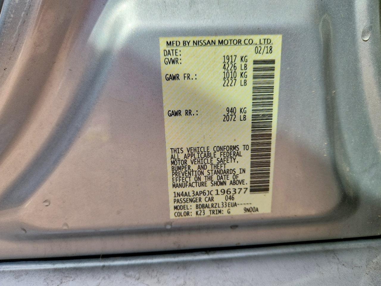 1N4AL3AP6JC196377 · 2018 NISSAN ALTIMA · 12/12