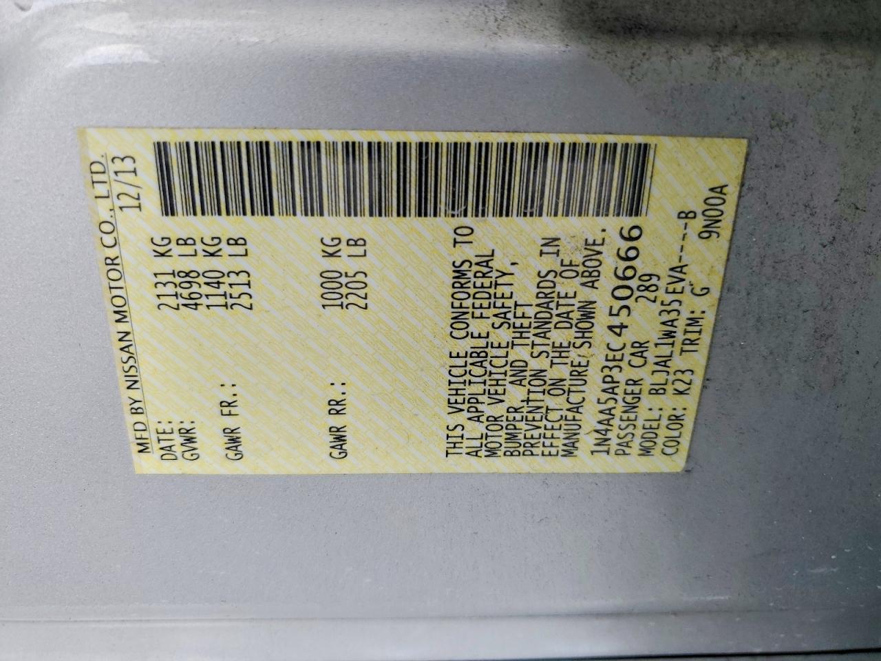1N4AA5AP3EC450666 · 2014 NISSAN MAXIMA · 12/12