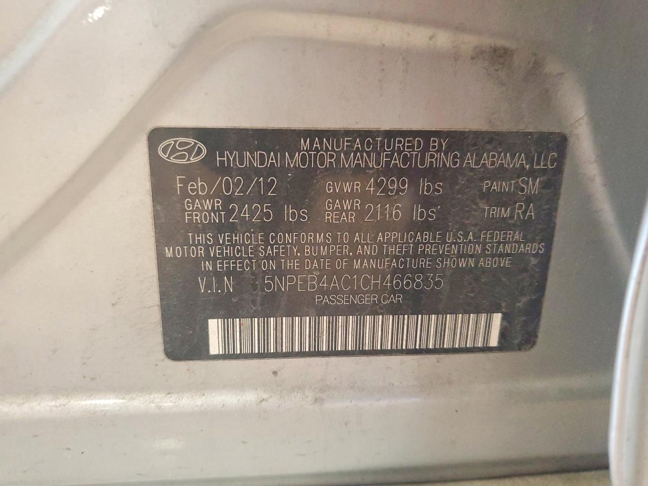 5NPEB4AC1CH466835 · 2012 HYUNDAI SONATA · 12/12