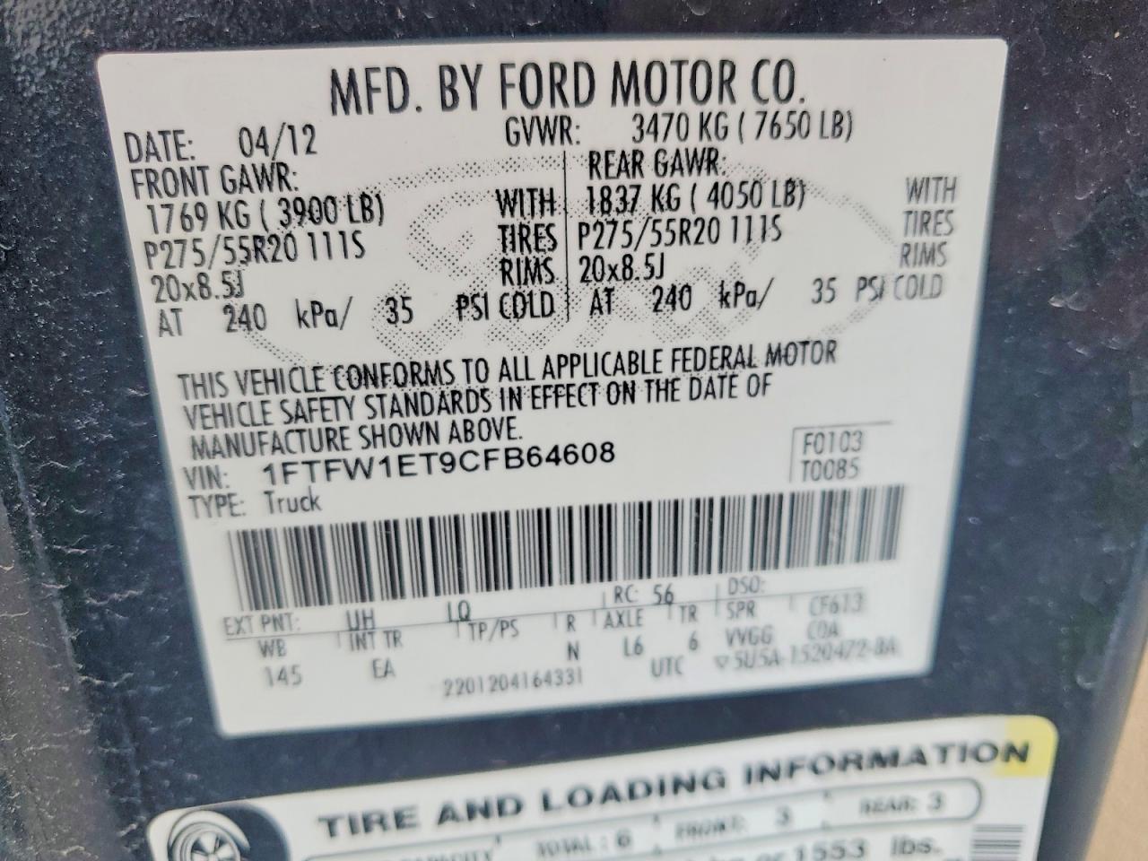 1FTFW1ET9CFB64608 · 2012 FORD F150 · 12/12