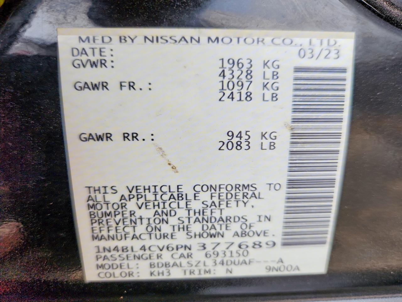 1N4BL4CV6PN377689 · 2023 NISSAN ALTIMA · 11/11