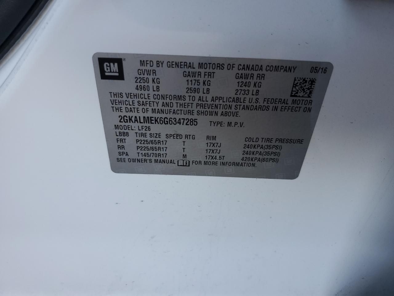 2GKALMEK6G6347285 · 2016 GMC TERRAIN · 12/12