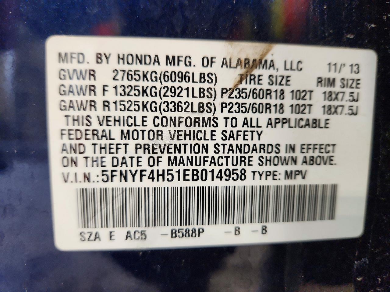 5FNYF4H51EB014958 · 2014 HONDA PILOT · 12/12