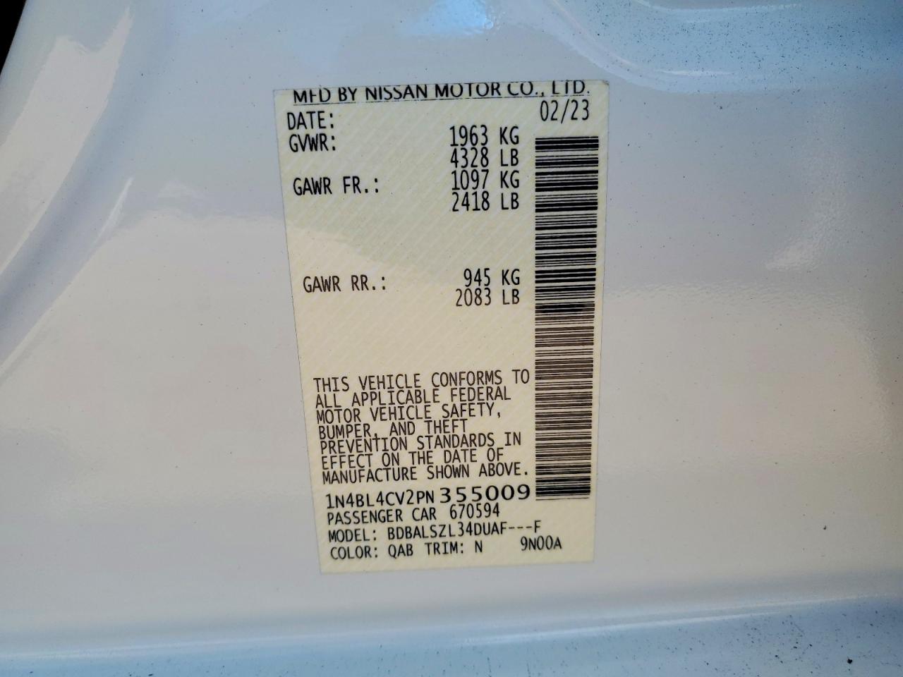 1N4BL4CV2PN355009 · 2023 NISSAN ALTIMA · 12/12