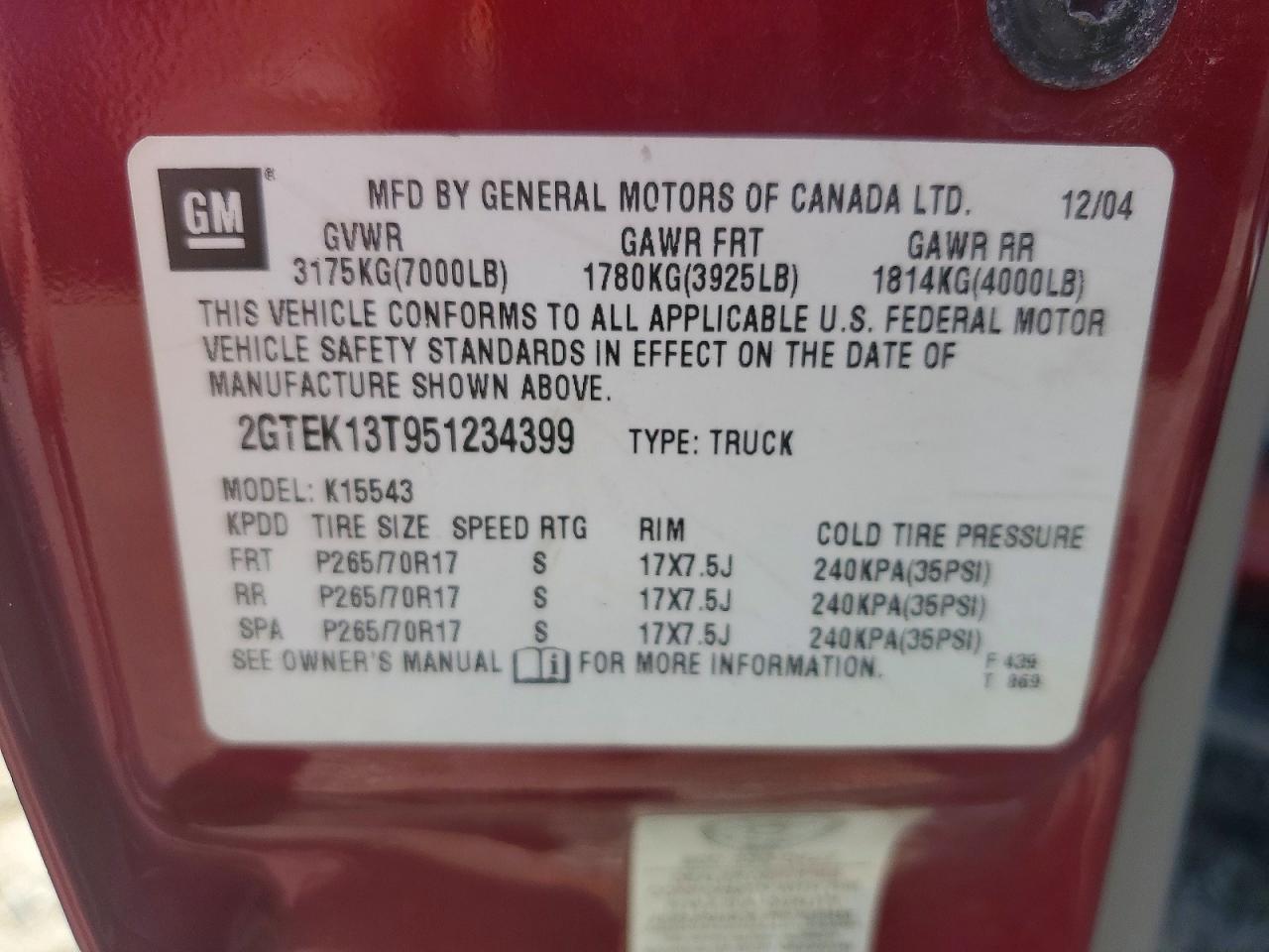 2GTEK13T951234399 · 2005 GMC NEW SIERRA · 12/12