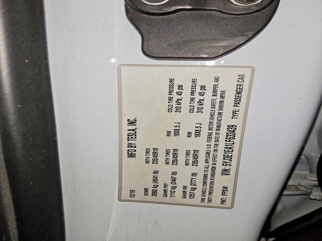 5YJ3E1EA1LF633439 · 2020 TESLA MODEL 3 · 12/12