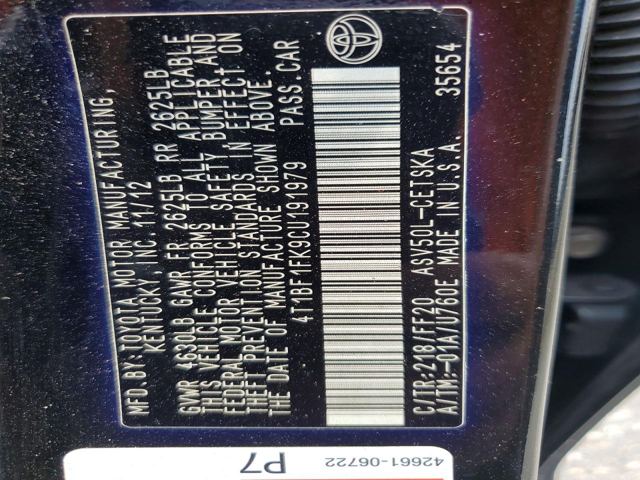 4T1BF1FK9CU191979 · 2012 TOYOTA CAMRY · 12/12