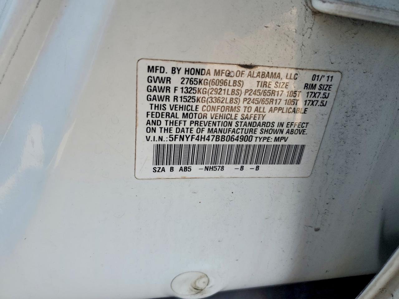5FNYF4H47BB064900 · 2011 HONDA PILOT · 12/12