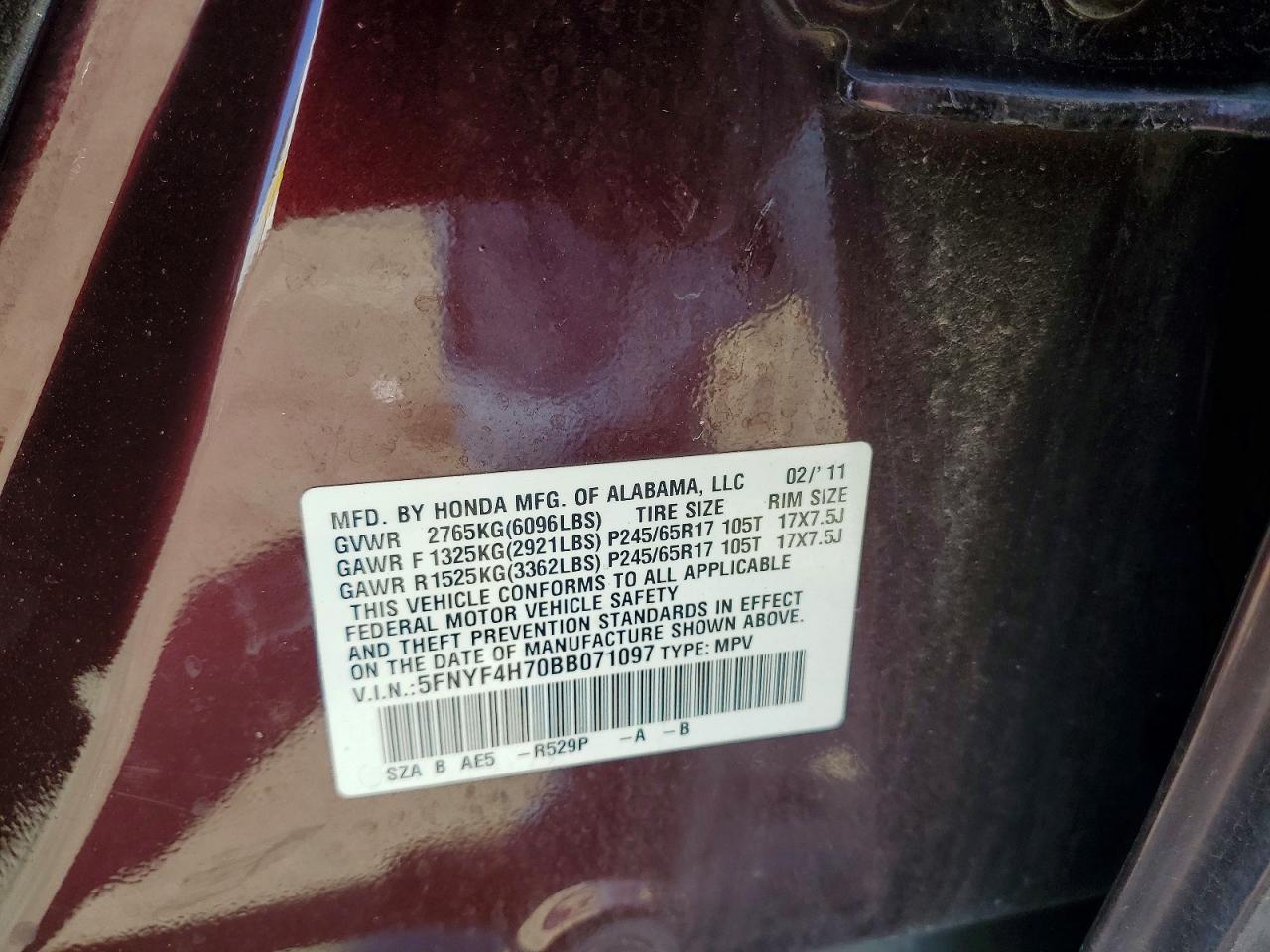 5FNYF4H70BB071097 · 2011 HONDA PILOT · 12/12