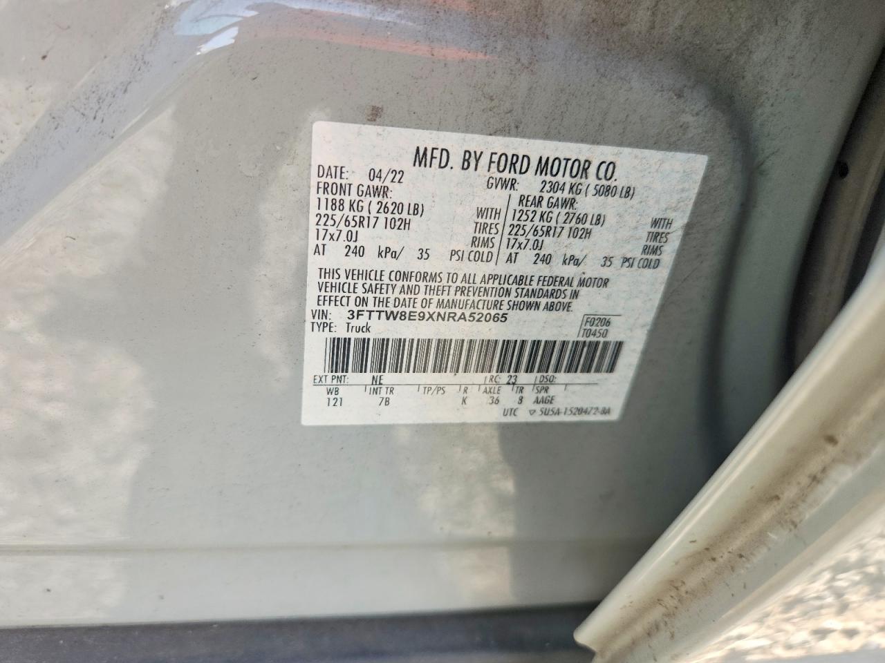 3FTTW8E9XNRA52065 · 2022 FORD MAVERICK · 12/12