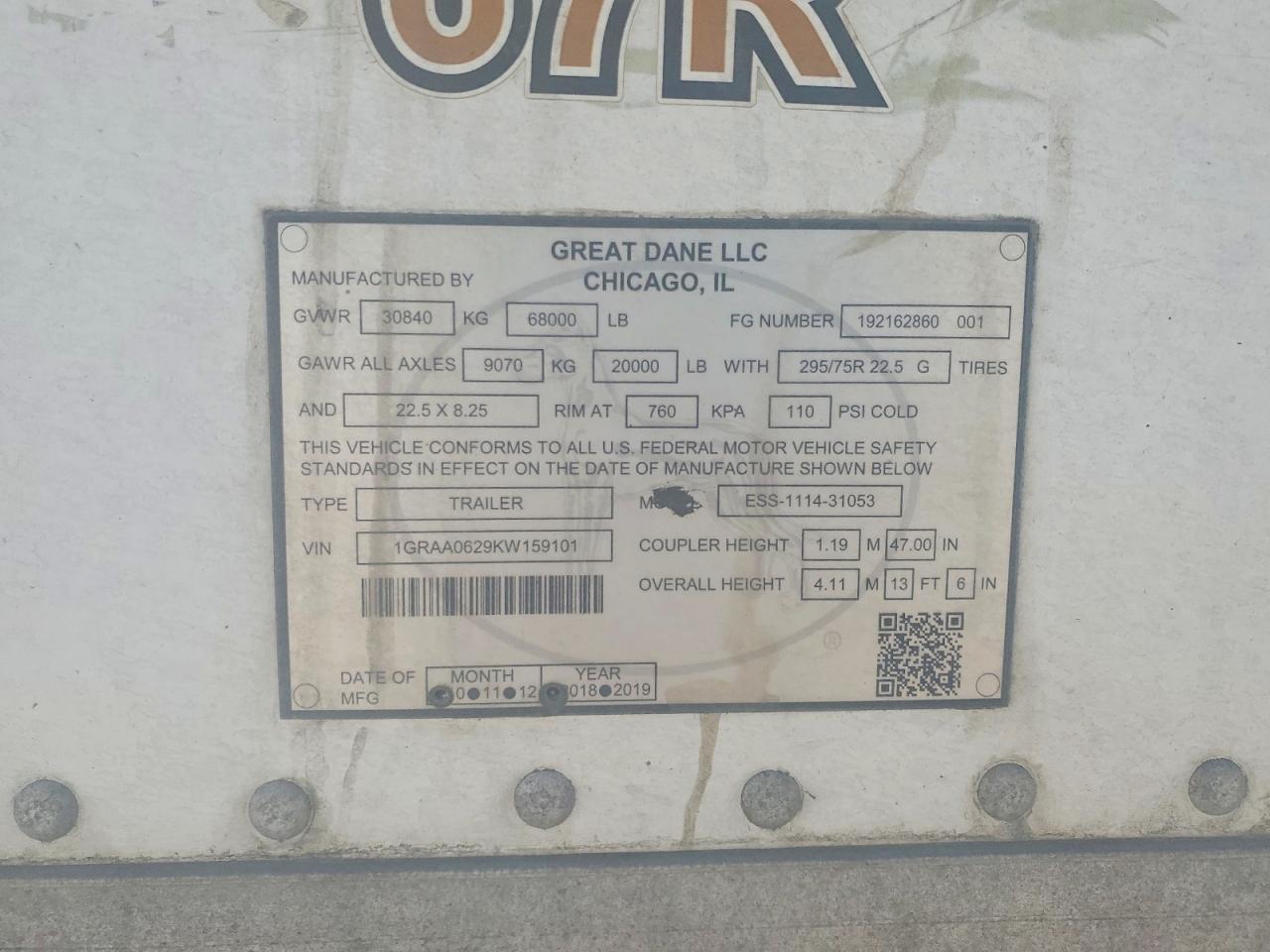 1GRAA0629KW159101 · 2019 GREAT DANE UNKNOWN · 9/10