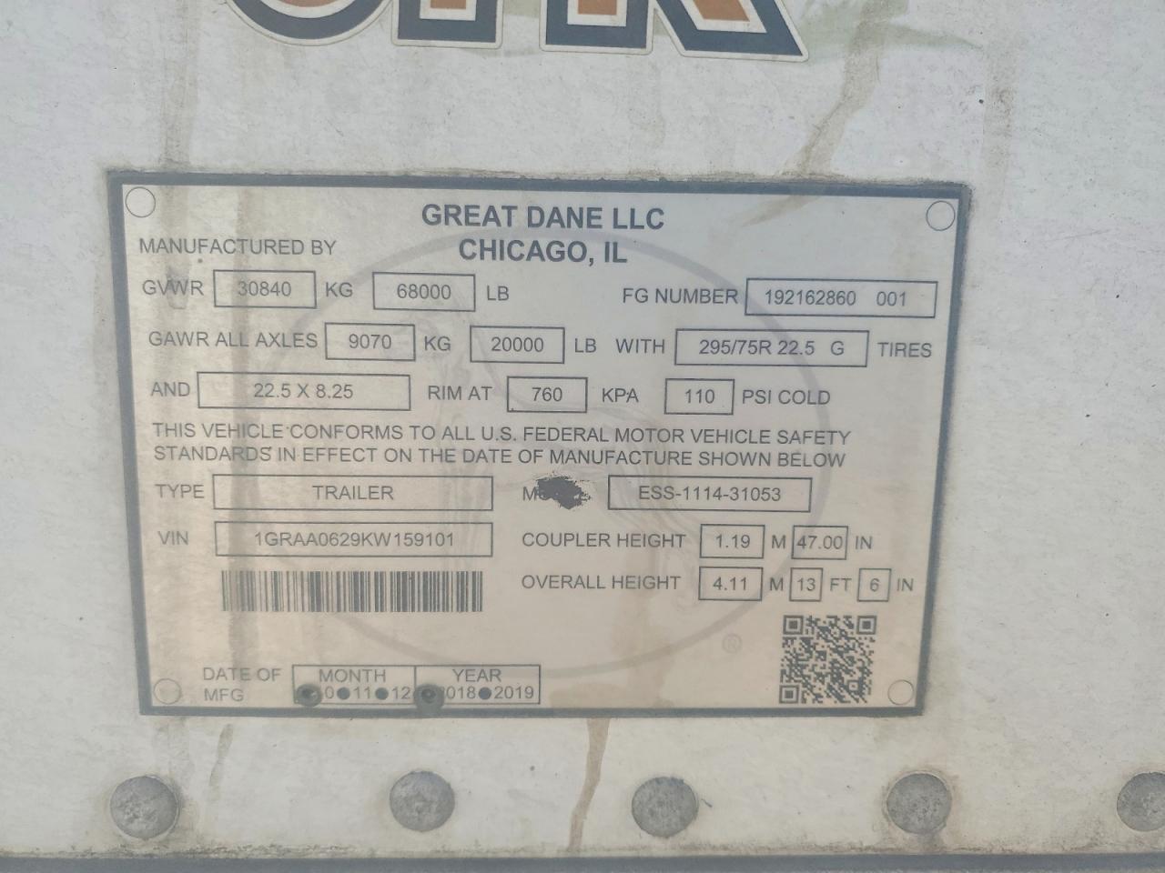1GRAA0629KW159101 · 2019 GREAT DANE UNKNOWN · 8/10