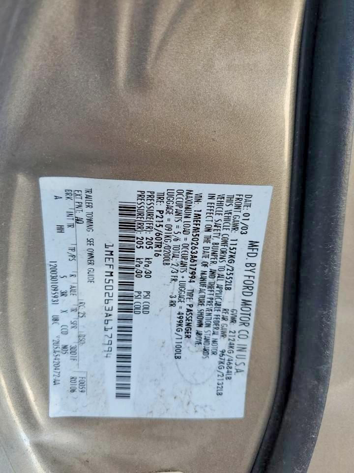 1MEFM50263A617994 · 2003 MERCURY SABLE · 12/12
