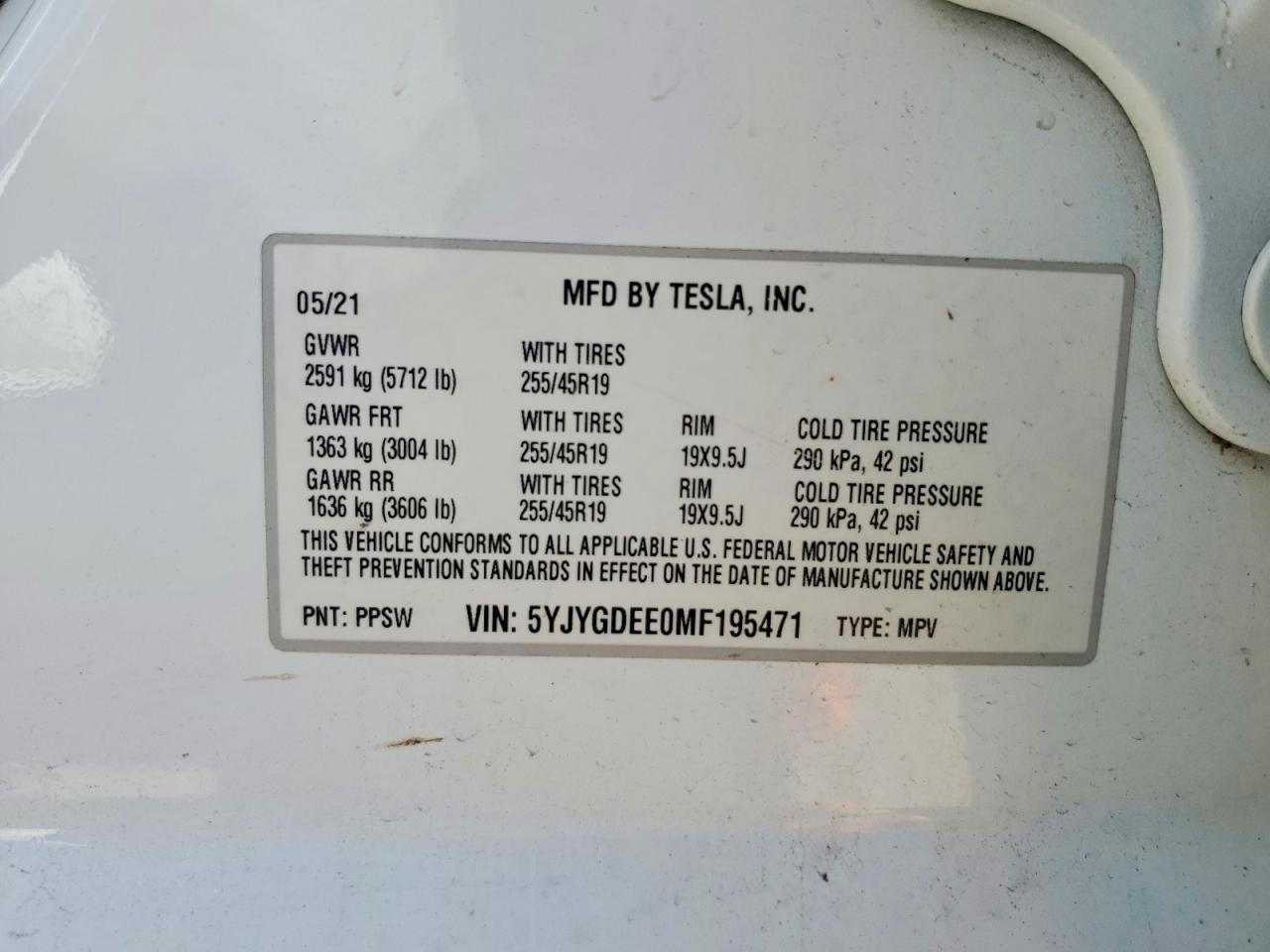 5YJYGDEE0MF195471 · 2021 TESLA MODEL Y · 12/12