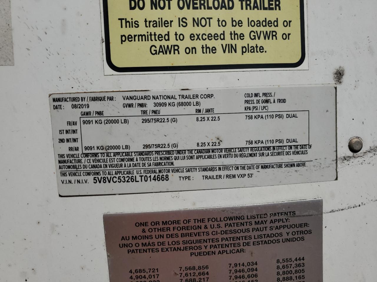 5V8VC5326LT014668 · 2020 VANGUARD TRAILER DRY VAN · 10/10