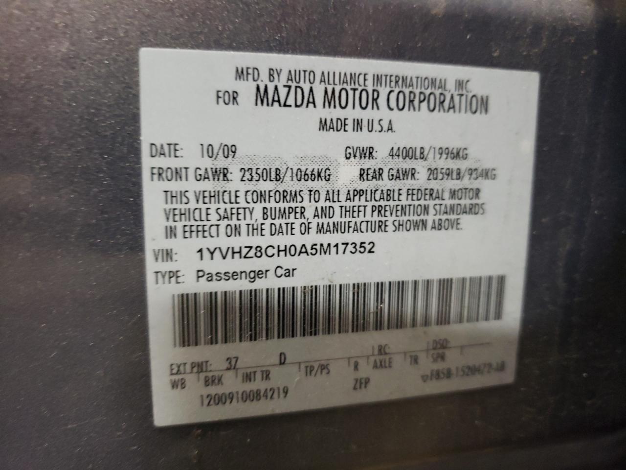 1YVHZ8CH0A5M17352 · 2010 MAZDA 6 · 12/12