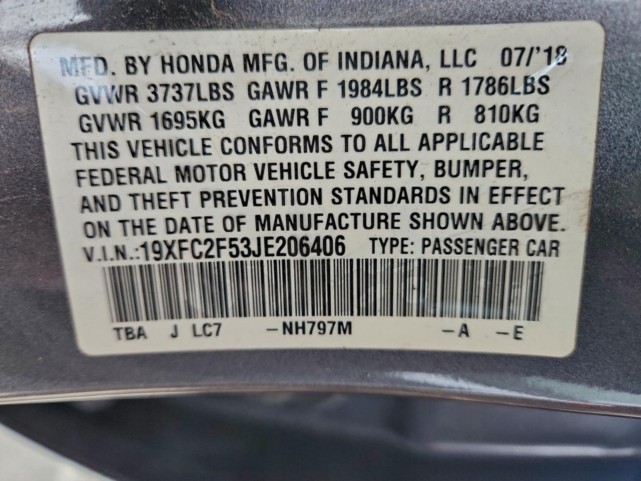 19XFC2F53JE206406 · 2018 HONDA CIVIC · 12/12
