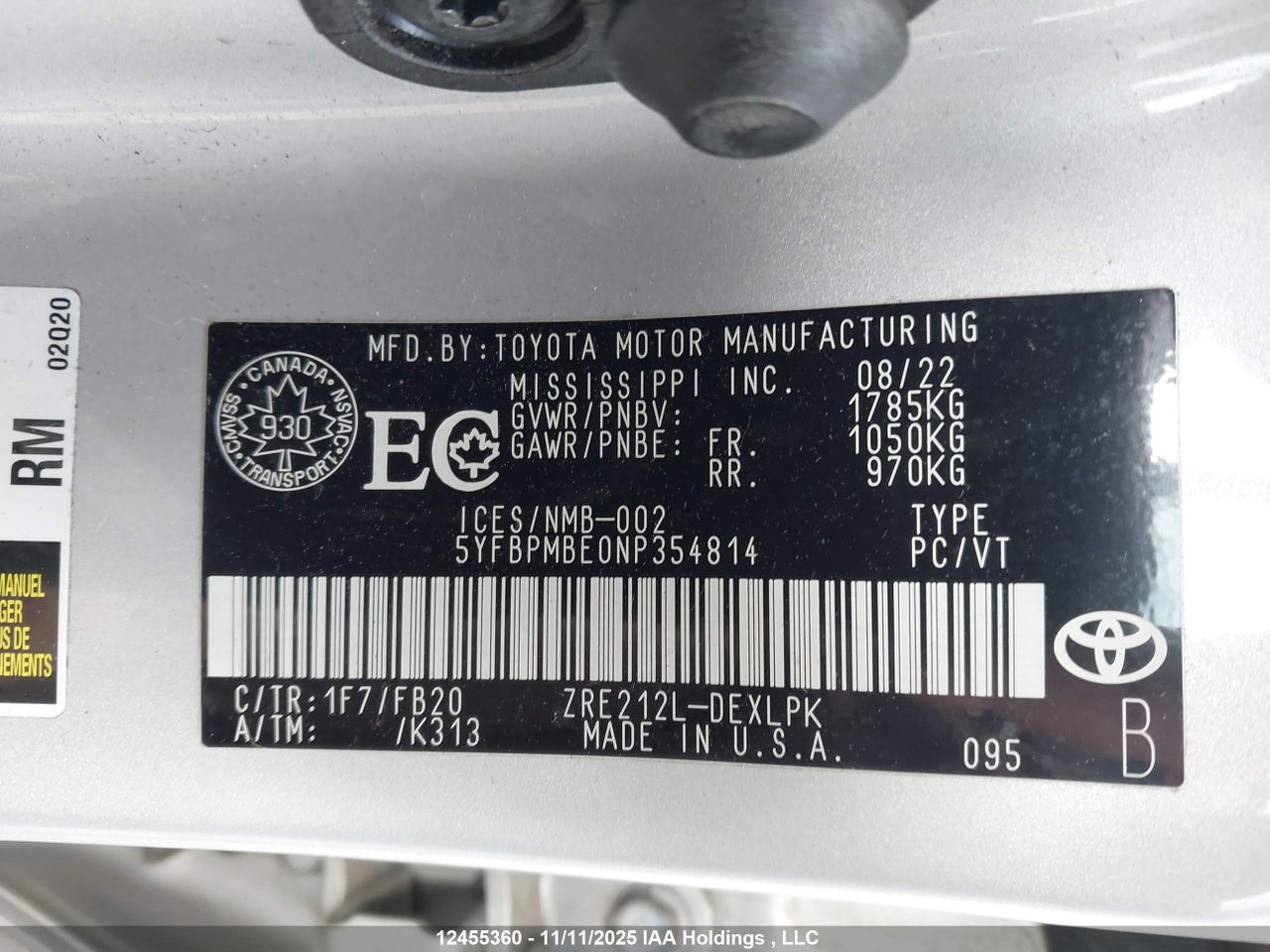 5YFBPMBE0NP354814 · 2022 TOYOTA COROLLA LE · 9/24