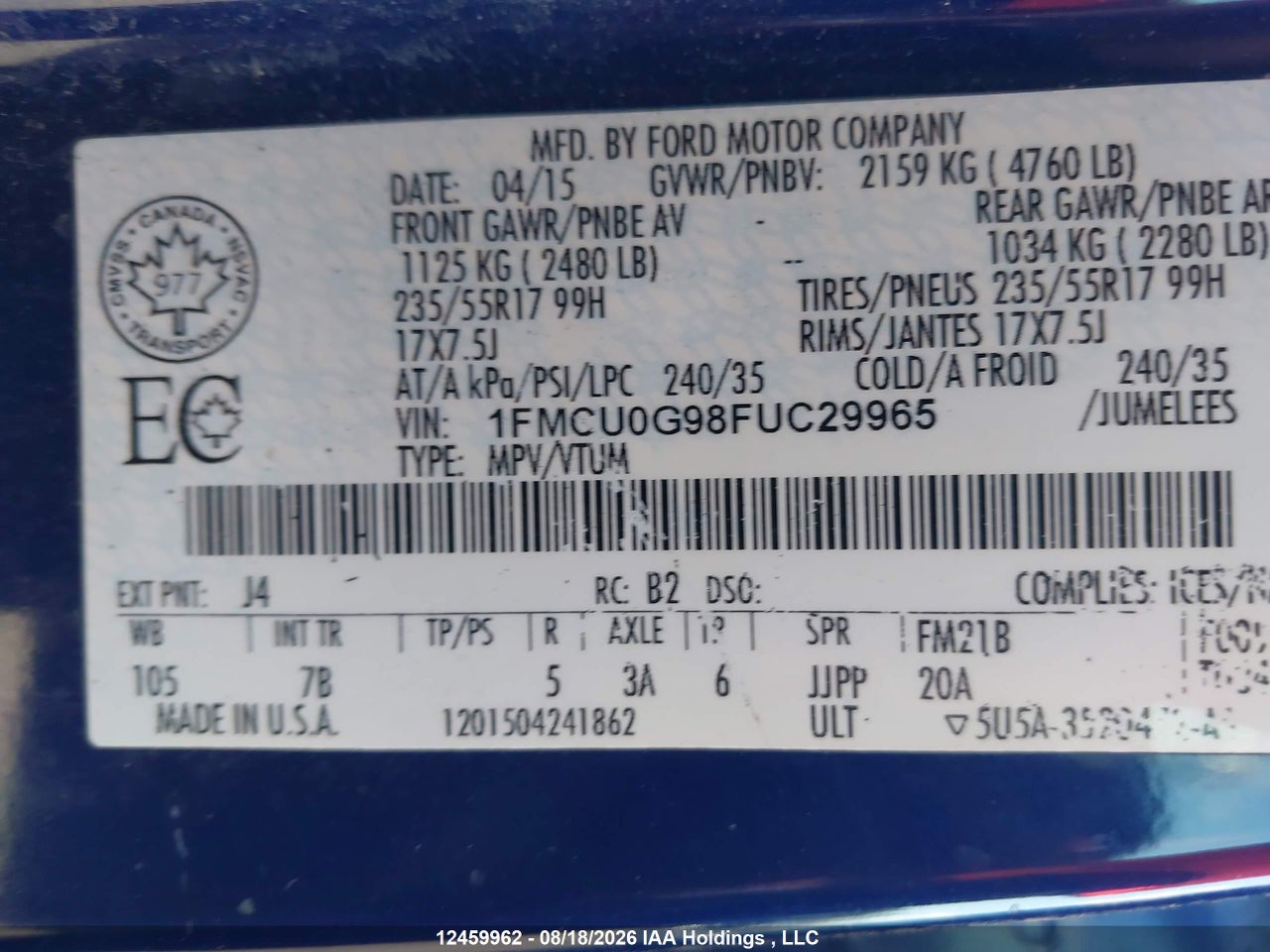 1FMCU0G98FUC29965 · 2015 FORD ESCAPE SE · 9/16