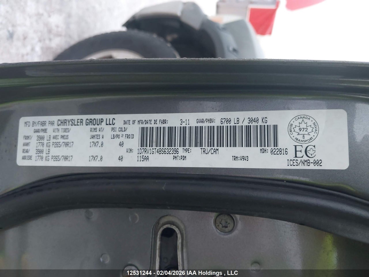 1D7RV1GT4BS632396 · 2011 RAM RAM 1500 SLT · 9/19