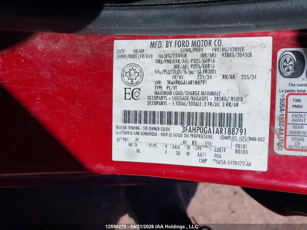3FAHP0GA1AR188791 · 2010 FORD FUSION · 9/22
