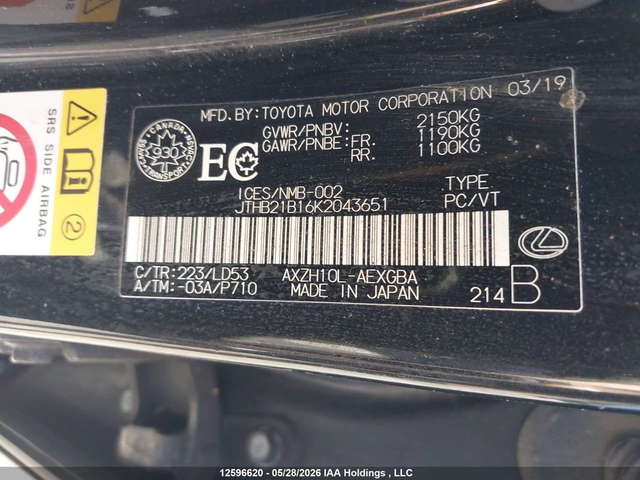 JTHB21B16K2043651 · 2019 LEXUS ES 300H · 9/19