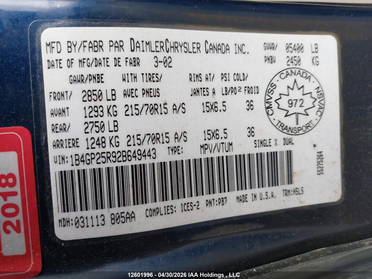 1B4GP25R92B649443 · 2002 DODGE CARAVAN · 9/20