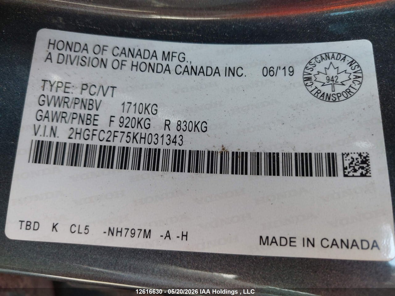 2HGFC2F75KH031343 · 2019 HONDA CIVIC EX · 9/18