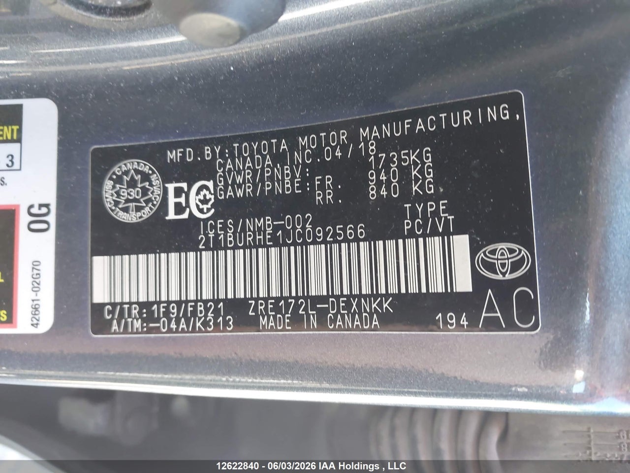 2T1BURHE1JC092566 · 2018 TOYOTA COROLLA · 9/21