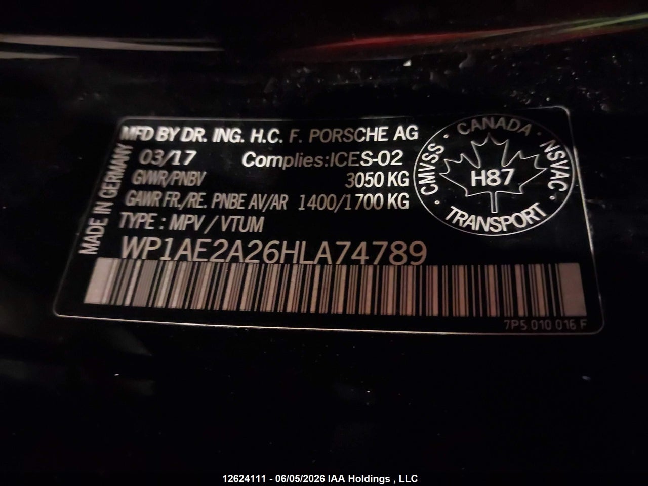 WP1AE2A26HLA74789 · 2017 PORSCHE CAYENNE · 9/22