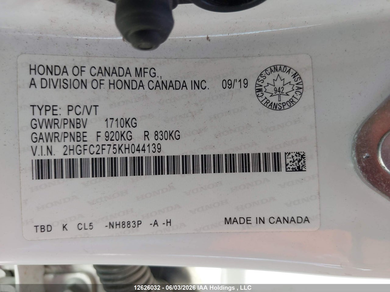 2HGFC2F75KH044139 · 2019 HONDA CIVIC EX · 9/23
